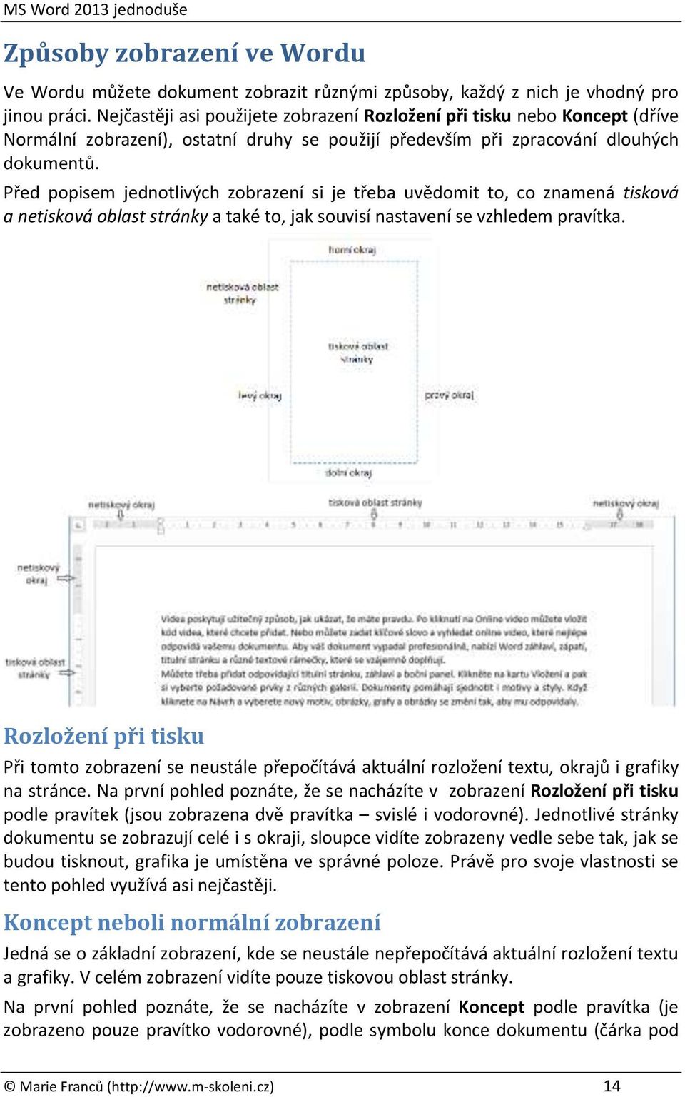 Před popisem jednotlivých zobrazení si je třeba uvědomit to, co znamená tisková a netisková oblast stránky a také to, jak souvisí nastavení se vzhledem pravítka.