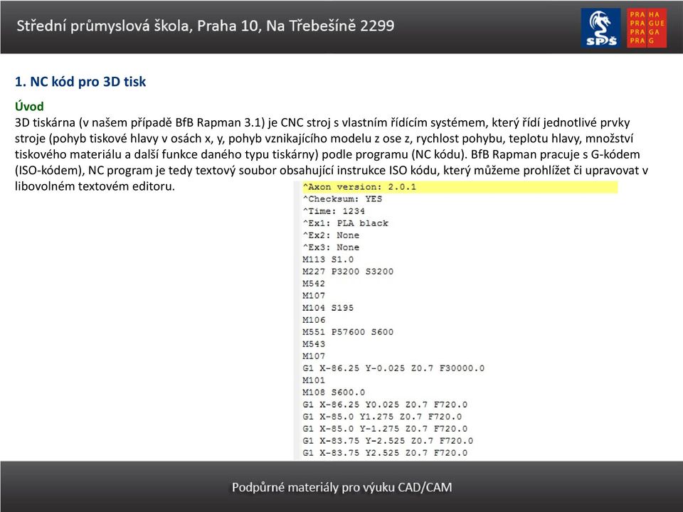 vznikajícího modelu z ose z, rychlost pohybu, teplotu hlavy, množství tiskového materiálu a další funkce daného typu tiskárny)
