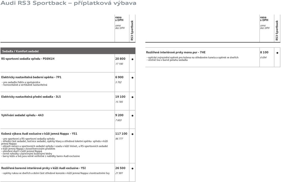 sedadlo řidiče a spolujezdce - horizontálně a vertikálně nastavitelná 5 702 Elektricky nastavitelná přední sedadla - 3L5 19 100 15 785 Vyhřívání sedadel vpředu - 4A3 9 200 7 603 Kožená výbava Audi