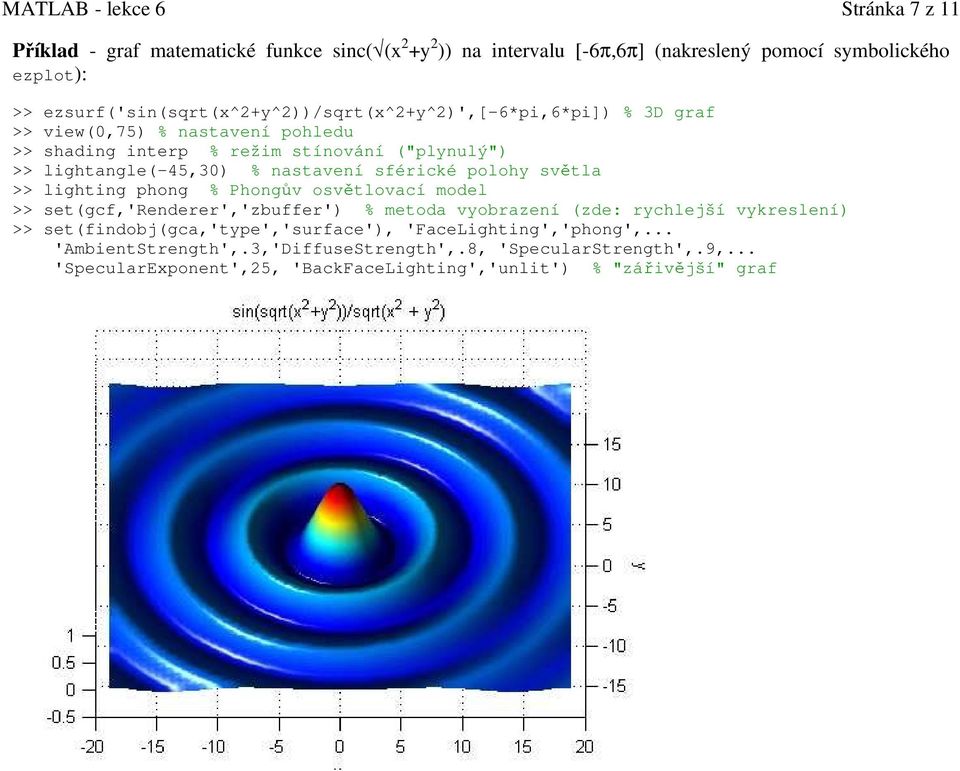 lightangle(-45,30) % nastavení sférické polohy světla >> lighting phong % Phongův osvětlovací model >> set(gcf,'renderer','zbuffer') % metoda vyobrazení (zde: