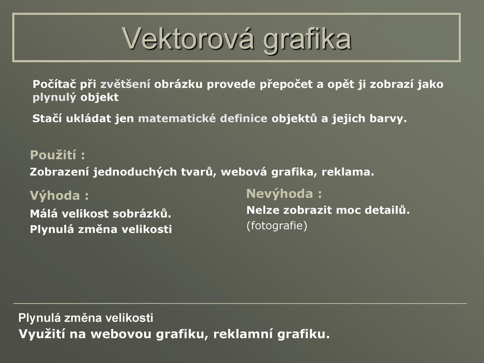 Použití : Zobrazení jednoduchých tvarů, webová grafika, reklama. Výhoda : Málá velikost sobrázků.