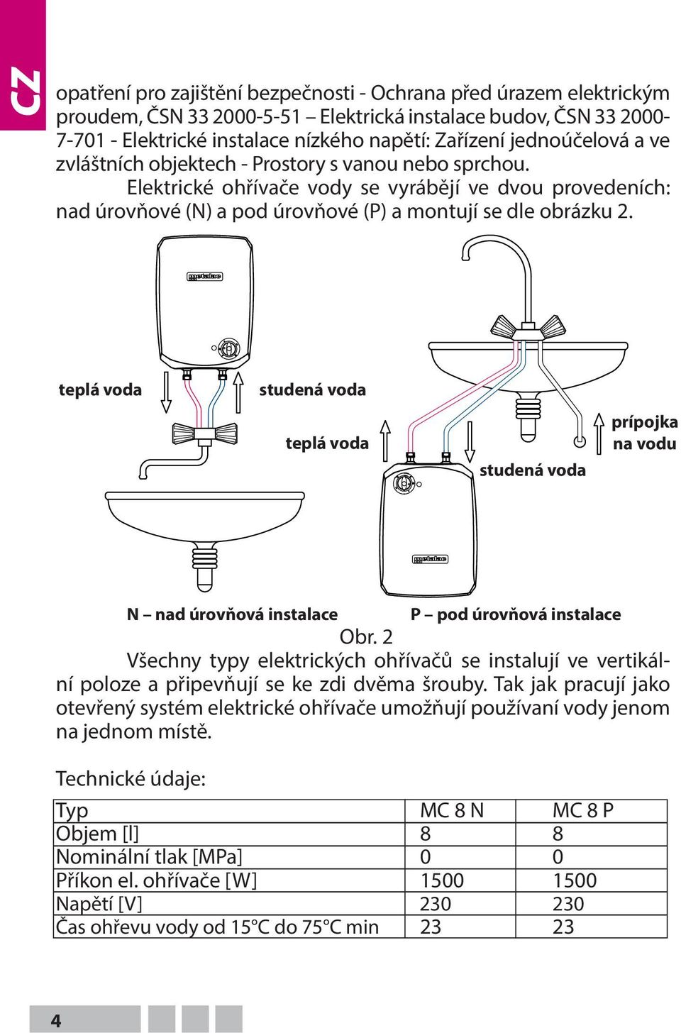 teplá voda studená voda teplá voda studená voda prípojka na vodu N nad úrovňová instalace P pod úrovňová instalace Obr.