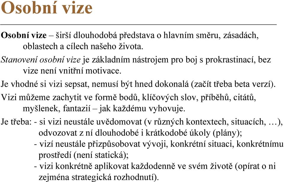 Vizi můžeme zachytit ve formě bodů, klíčových slov, příběhů, citátů, myšlenek, fantazií jak každému vyhovuje.