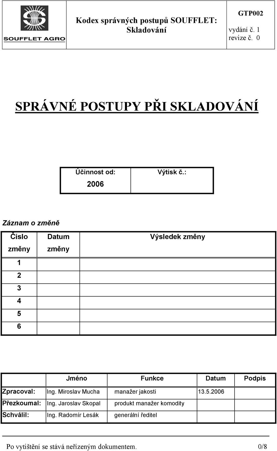 Funkce Datum Podpis Zpracoval: Ing. Miroslav Mucha manažer jakosti 13.5.