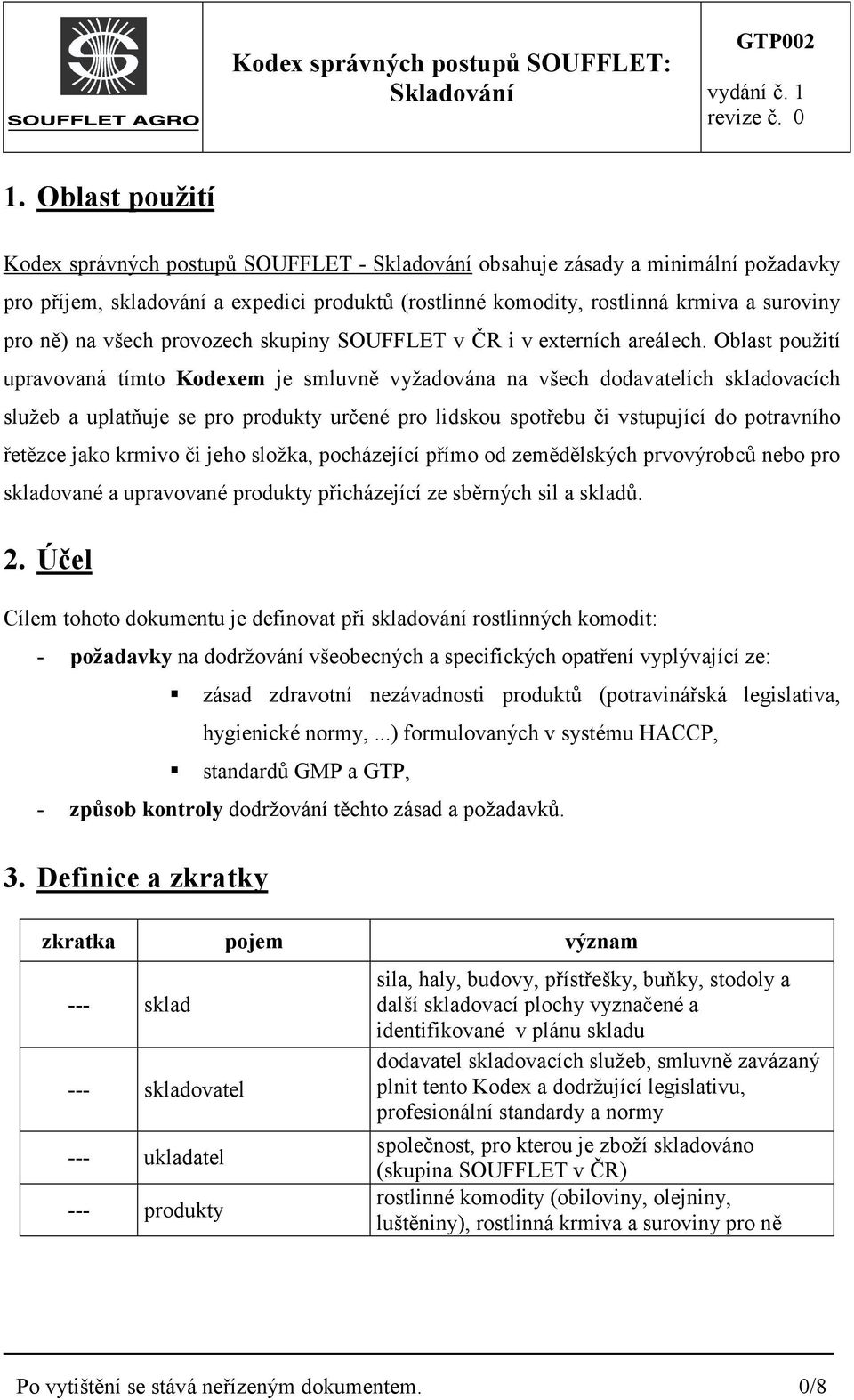 Oblast použití upravovaná tímto Kodexem je smluvně vyžadována na všech dodavatelích skladovacích služeb a uplatňuje se pro produkty určené pro lidskou spotřebu či vstupující do potravního řetězce