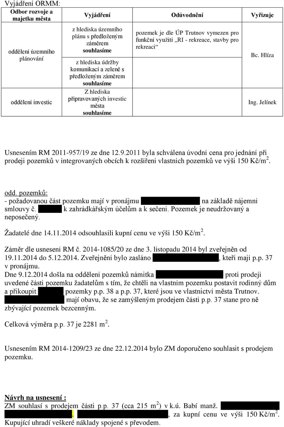 Jelínek Usnesením RM 2011-957/19 ze dne 12.9.2011 byla schválena úvodní cena pro jednání při prodeji pozemků v integrovaných obcích k rozšíření vlastních pozemků ve výši 150 Kč/m 2. odd.