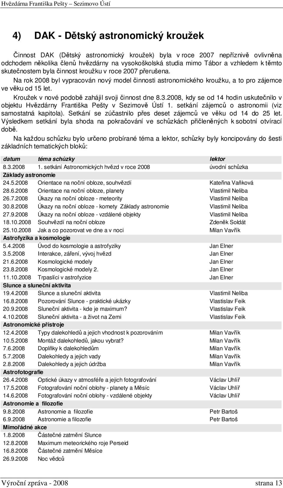 Kroužek v nové podobě zahájil svoji činnost dne 8.3.2008, kdy se od 14 hodin uskutečnilo v objektu Hvězdárny Františka Pešty v Sezimově Ústí 1. setkání zájemců o astronomii (viz samostatná kapitola).