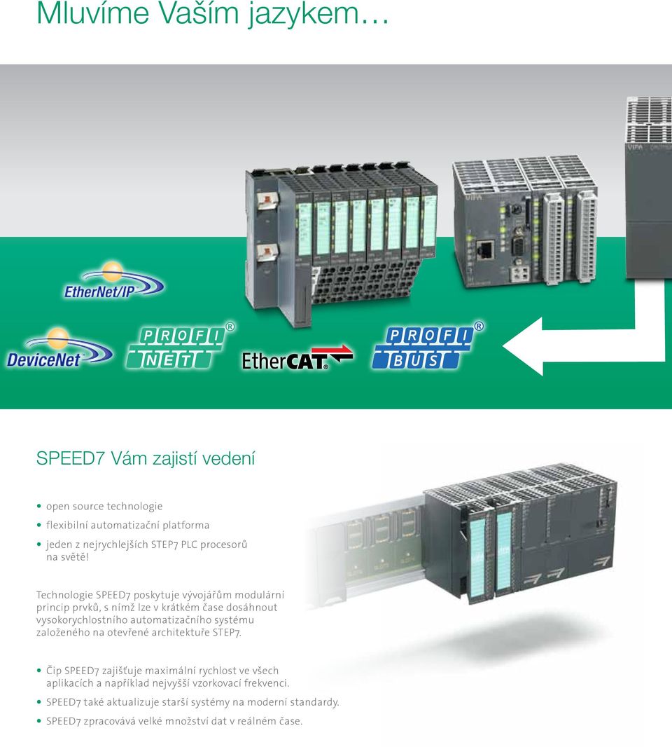 Technologie SPEED7 poskytuje vývojářům modulární princip prvků, s nímž lze v krátkém čase dosáhnout vysokorychlostního automatizačního