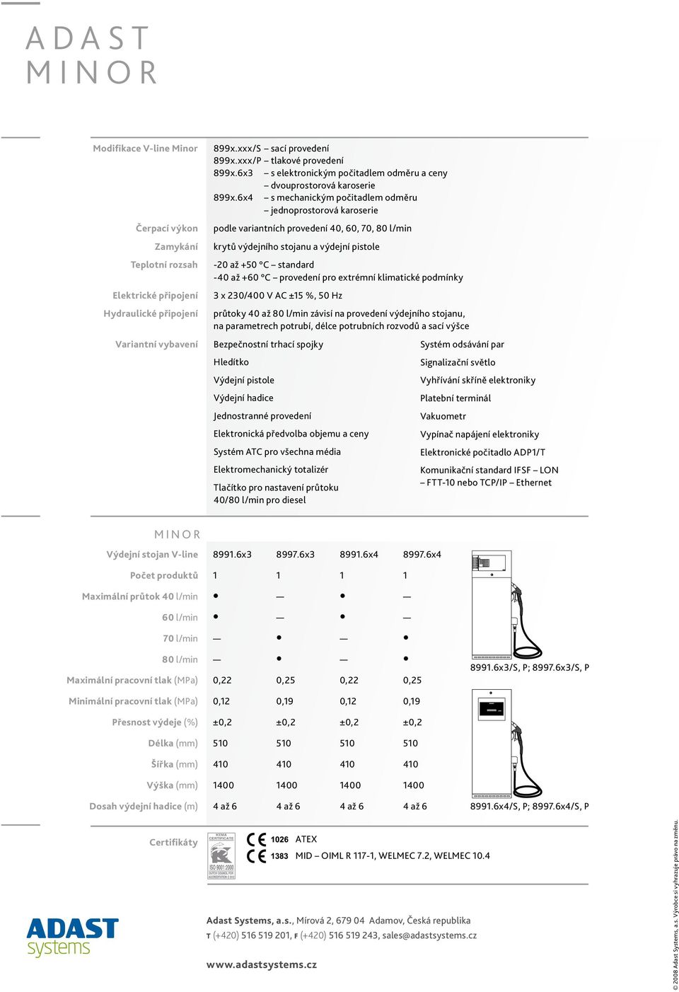 70, 80 l/min krytů výdejního stojanu a výdejní pistole -0 až +50 C standard -40 až +60 C provedení pro extrémní klimatické podmínky 3 x 30/400 V AC ±5 %, 50 Hz průtoky 40 až 80 l/min závisí na