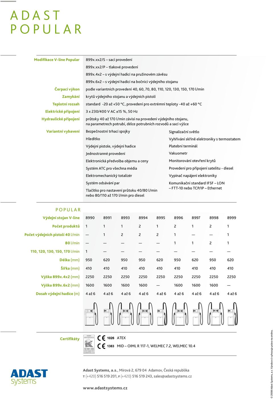 30, 50, 70 l/min krytů výdejního stojanu a výdejních pistolí standard -0 až +50 C, provedení pro extrémní teploty -40 až +60 C 3 x 30/400 V AC ±5 %, 50 Hz průtoky 40 až 70 l/min závisí na provedení