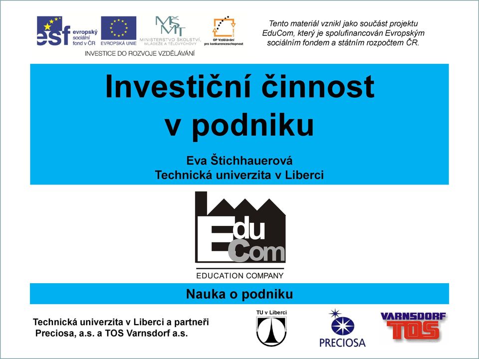 Investiční činnost v podniku Eva Štichhauerová Technická univerzita v