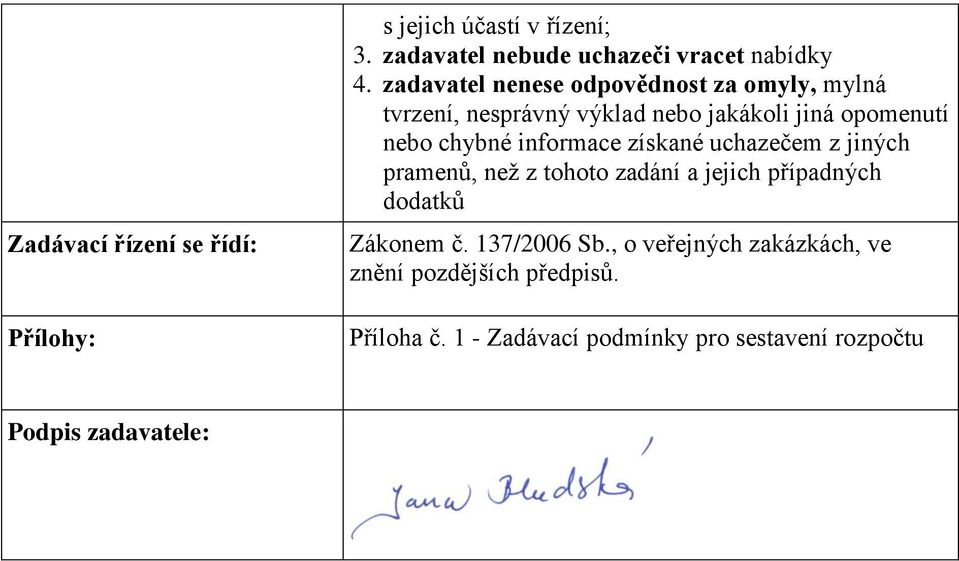 informace získané uchazečem z jiných pramenů, než z tohoto zadání a jejich případných dodatků Zákonem č. 137/2006 Sb.