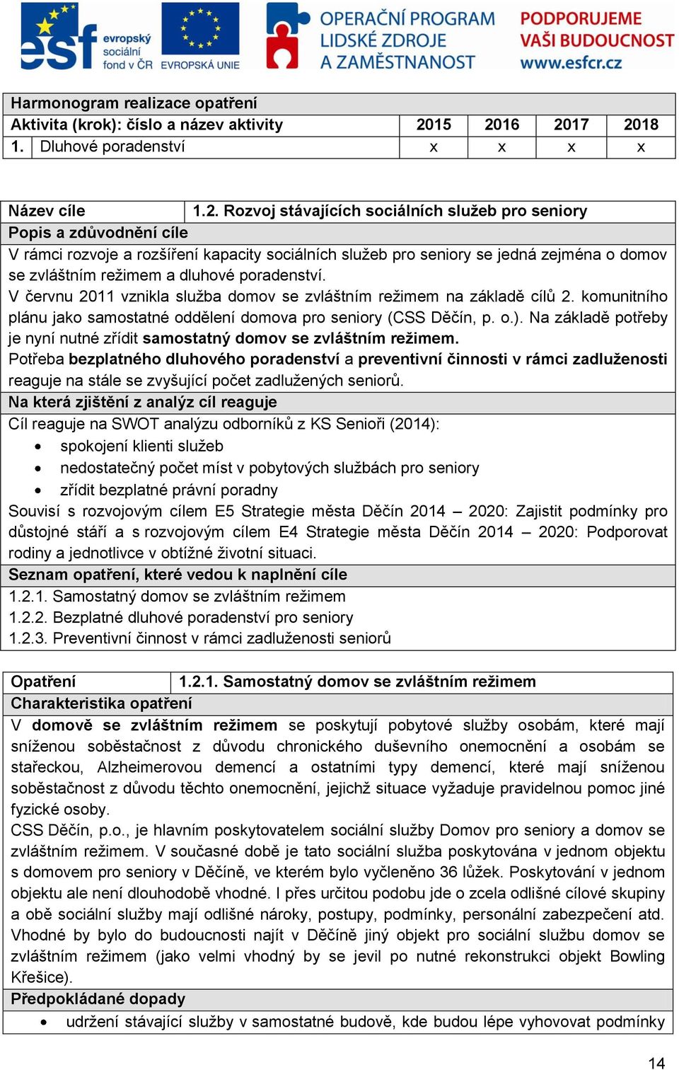 poradenství. V červnu 2011 vznikla služba domov se zvláštním režimem na základě cílů 2. komunitního plánu jako samostatné oddělení domova pro seniory (CSS Děčín, p. o.).