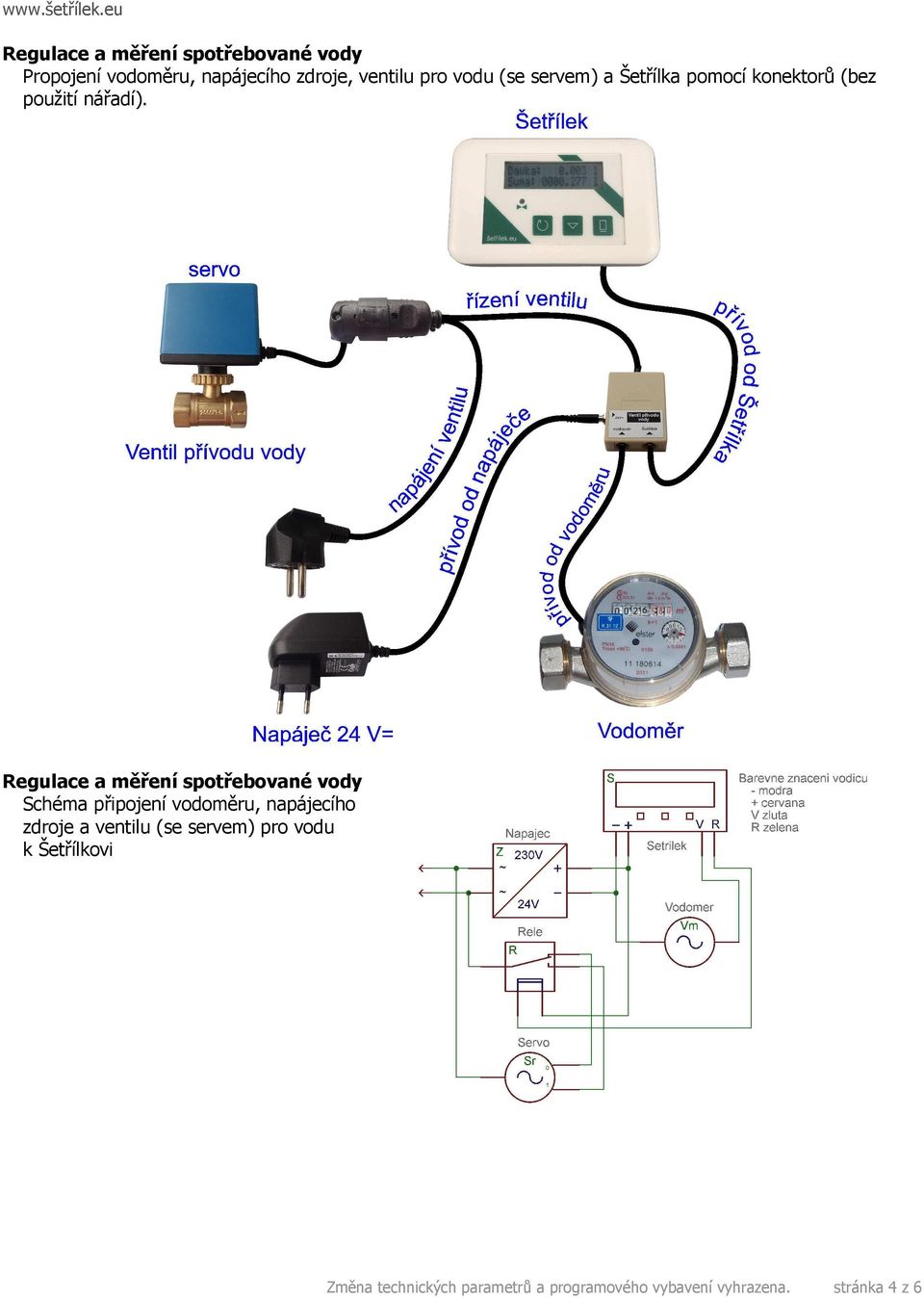 Schéma připojení vodoměru, napájecího zdroje a ventilu (se servem) pro