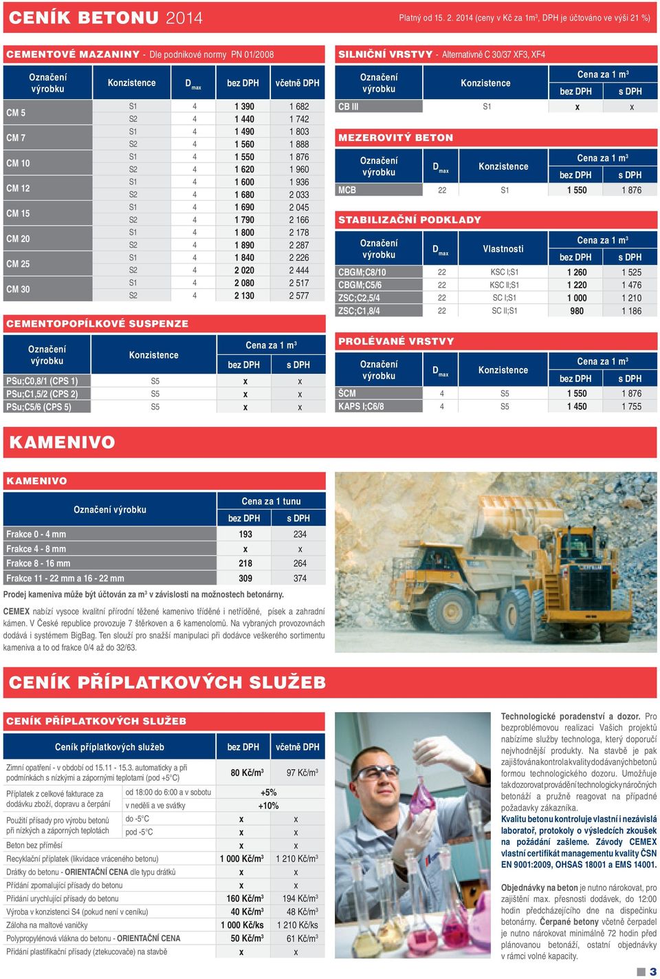 2014 (ceny v Kč za 1m 3, DPH je účtováno ve výši 21 %) Cementové mazaniny - Dle podnikové normy PN 01/2008 CM 5 CM 7 CM 10 CM 12 CM 15 CM 20 CM 25 CM 30 Cementopopílkové suspenze včetně DPH S1 4 1