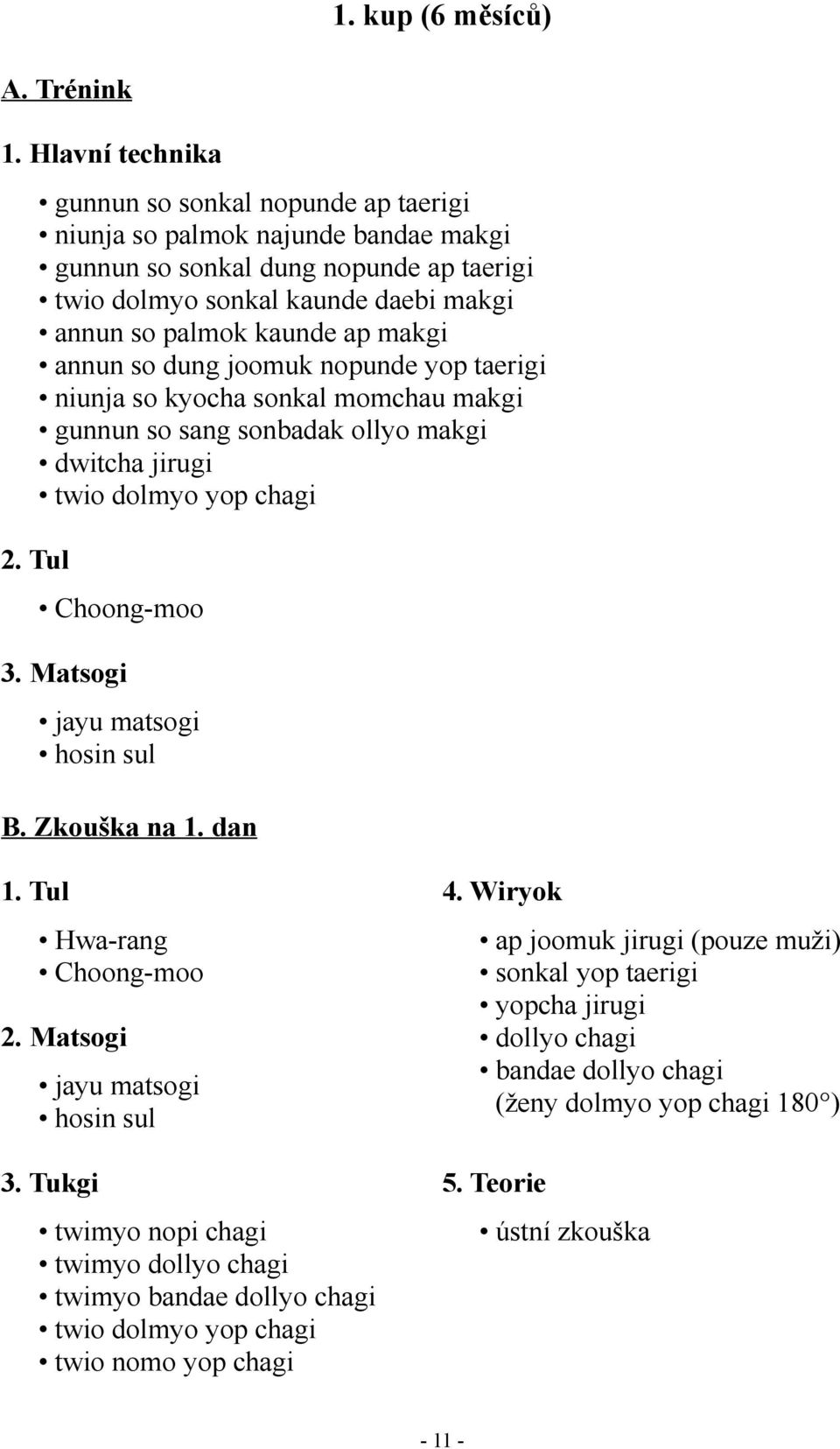 chagi Choong-moo hosin sul B. Zkouška na 1. dan Hwa-rang Choong-moo hosin sul 3.