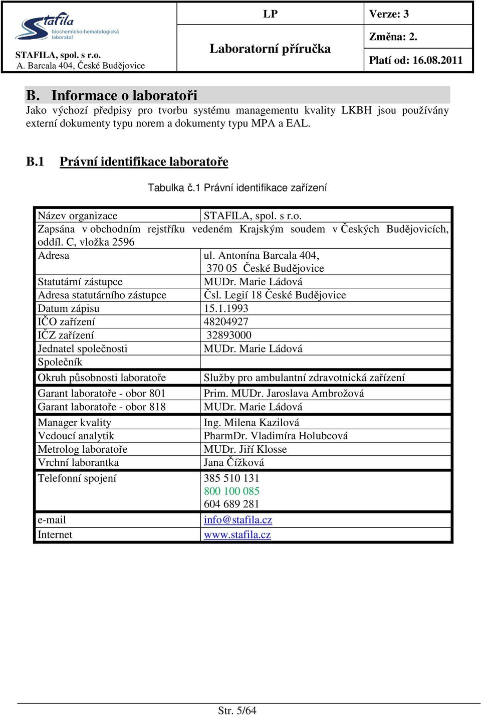 C, vložka 2596 Adresa ul. Antonína Barcala 404, 370 05 České Budějovice Statutární zástupce MUDr. Marie Ládová Adresa statutárního zástupce Čsl. Legií 18