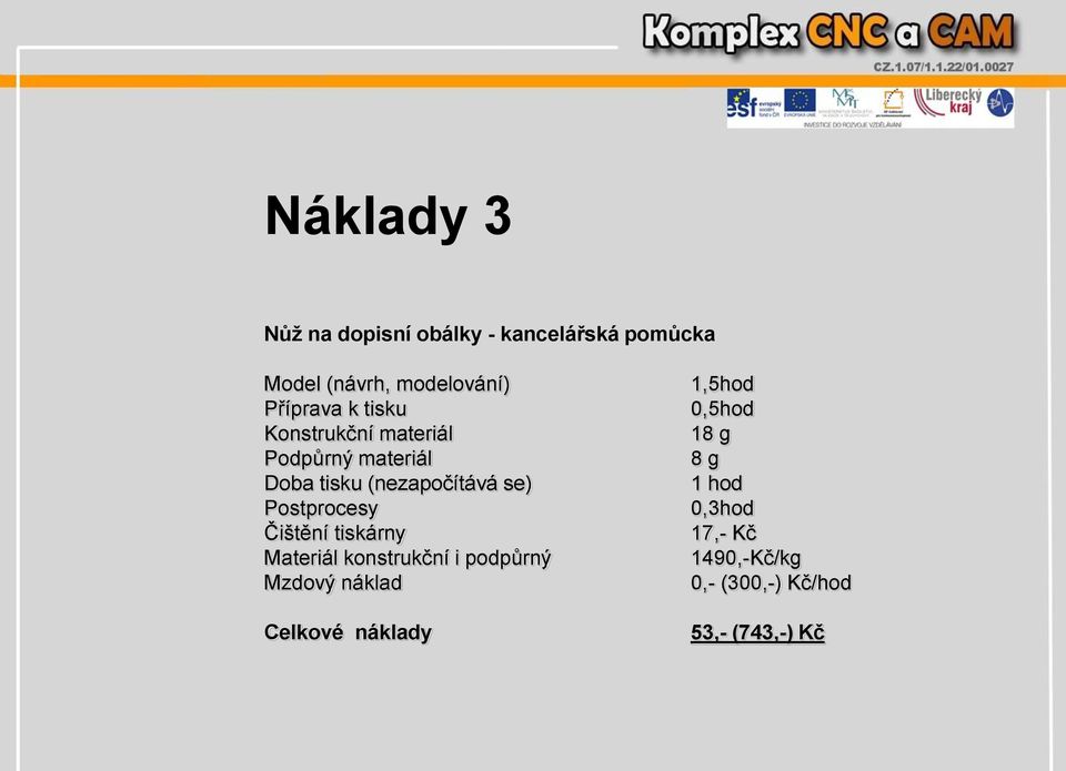 Postprocesy Čištění tiskárny Materiál konstrukční i podpůrný Mzdový náklad Celkové