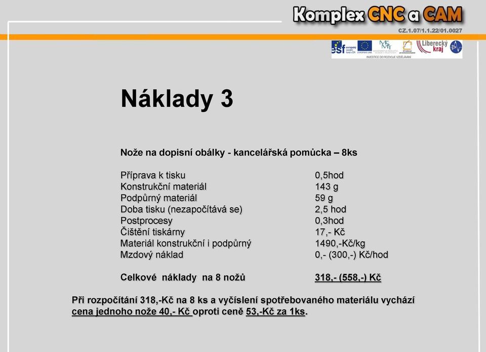 náklady na 8 nožů 0,5hod 143 g 59 g 2,5 hod 0,3hod 17,- Kč 1490,-Kč/kg 0,- (300,-) Kč/hod 318,- (558,-) Kč Při