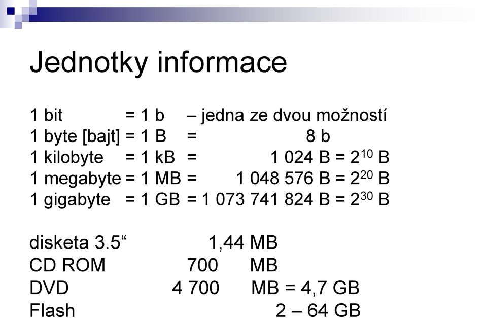 = 1 048 576 B = 2 20 B 1 gigabyte = 1 GB = 1 073 741 824 B = 2 30 B