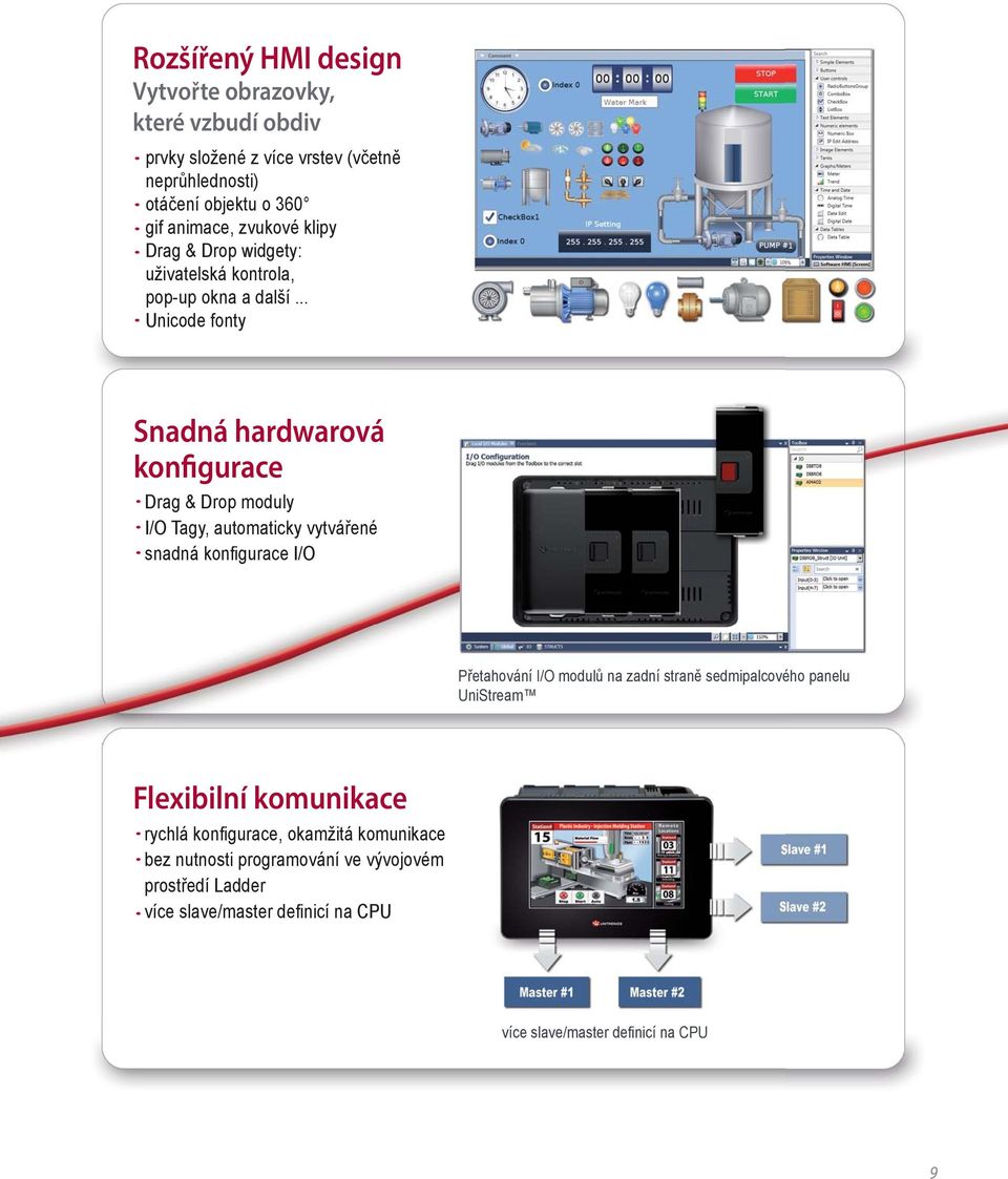 .. Unicode fonty Snadná hardwarová konfigurace Drag & Drop moduly I/O Tagy, automaticky vytvářené snadná konfigurace I/O Přetahování I/O modulů na