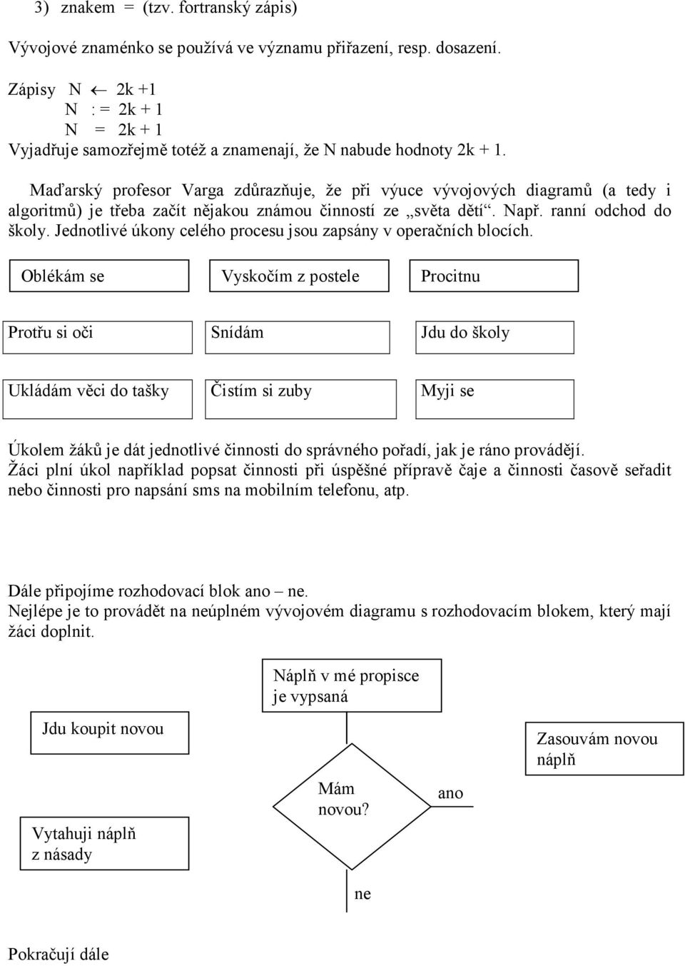 Maďarský profesor Varga zdůrazňuje, že při výuce vývojových diagramů (a tedy i algoritmů) je třeba začít nějakou známou činností ze světa dětí. Např. ranní odchod do školy.