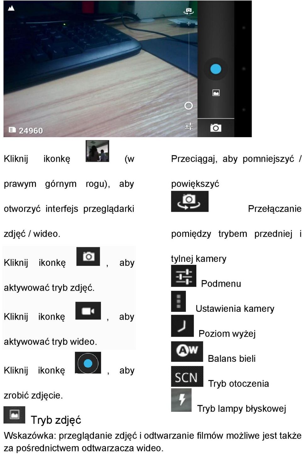 Przeciągaj, aby pomniejszyć / powiększyć Przełączanie pomiędzy trybem przedniej i tylnej kamery Podmenu Kliknij ikonkę, aby