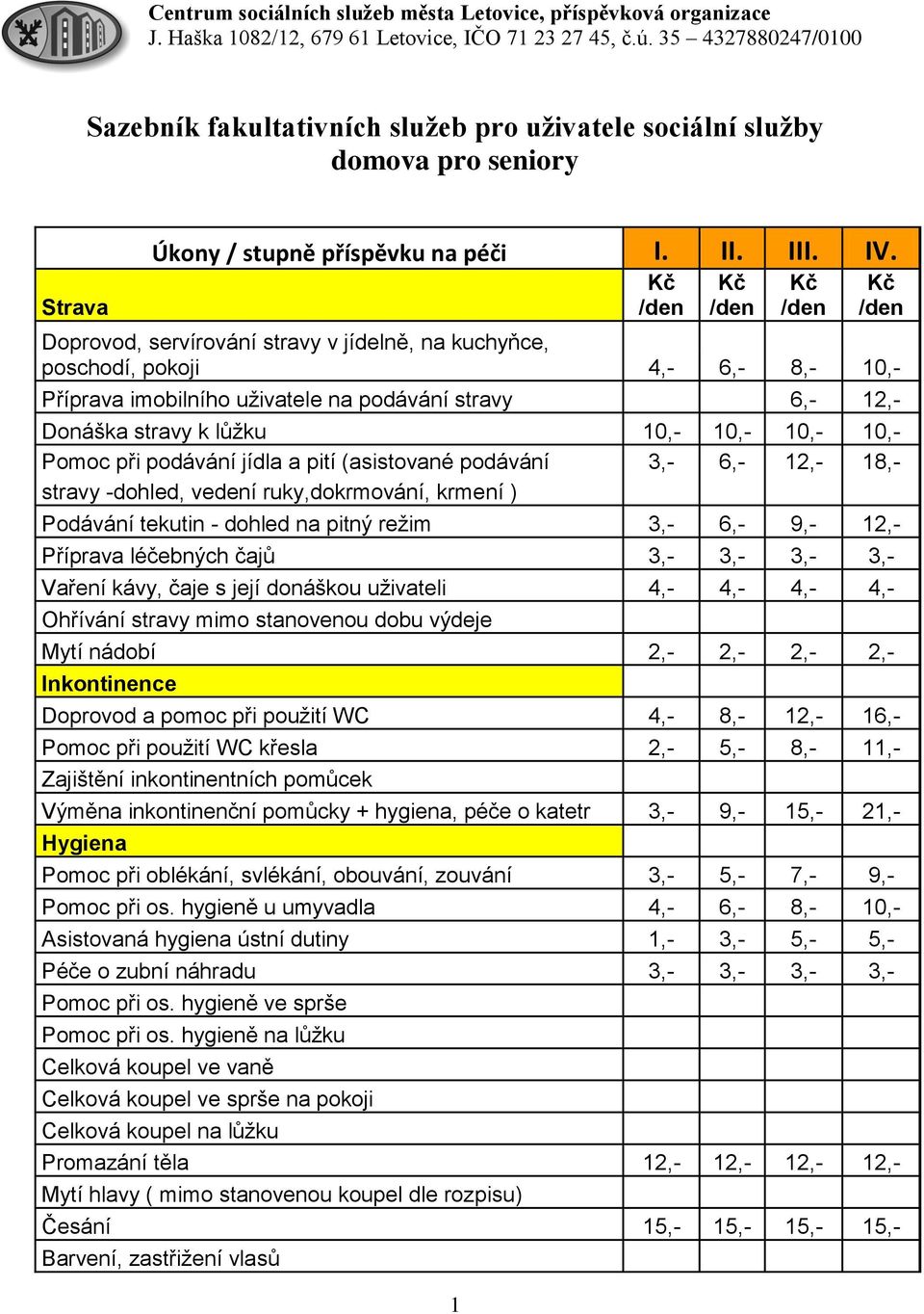 1 Doprovod, servírování stravy v jídelně, na kuchyňce, poschodí, pokoji 4,- 6,- 8,- 10,- Příprava imobilního uživatele na podávání stravy 6,- 12,- Donáška stravy k lůžku 10,- 10,- 10,- 10,- Pomoc při