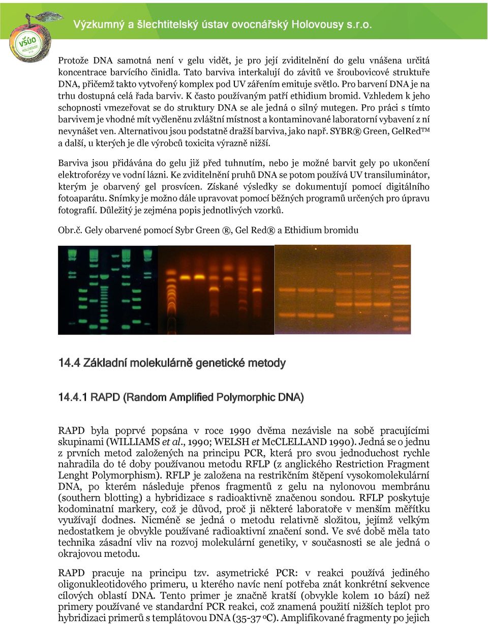 K často používaným patří ethidium bromid. Vzhledem k jeho schopnosti vmezeřovat se do struktury DNA se ale jedná o silný mutegen.