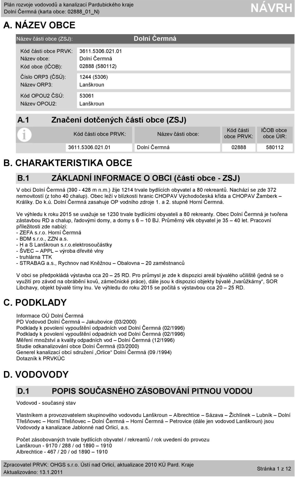 1 Značení dotčených částí obce (ZSJ) Kód části obce PRVK: Název části obce: Kód části obce PRVK: IČOB obce obce ÚIR: B. CHARAKTERISTIKA OBCE B.