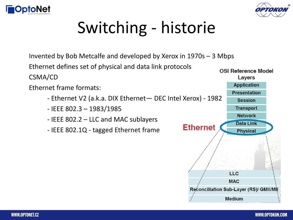 frame formats: - Ethernet V2 (a.k.a. DIX Ethernet DEC Intel Xerox) - 1982 - IEEE 802.
