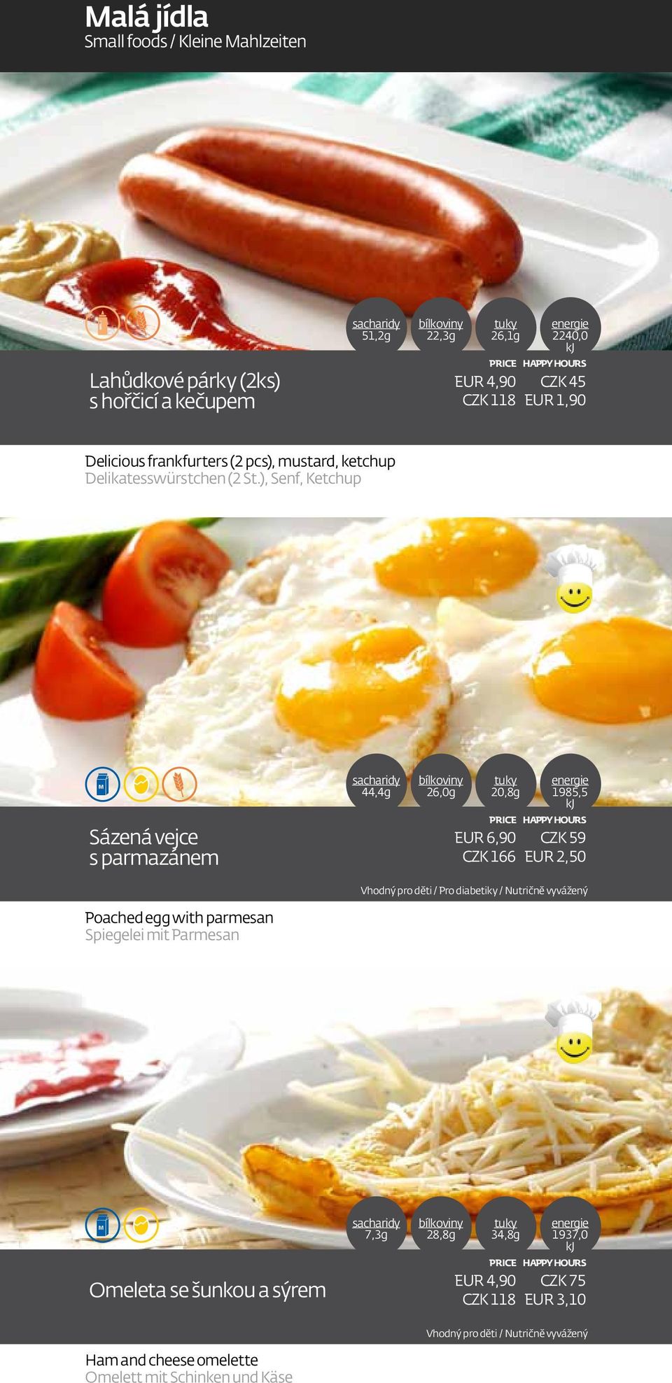 ), Senf, Ketchup Sázená vejce s parmazánem 44,4g 26,0g 20,8g EUR 6,90 CZK 166 1985,5 CZK 59 EUR 2,50 Vhodný pro děti / Pro diabetiky / Nutričně