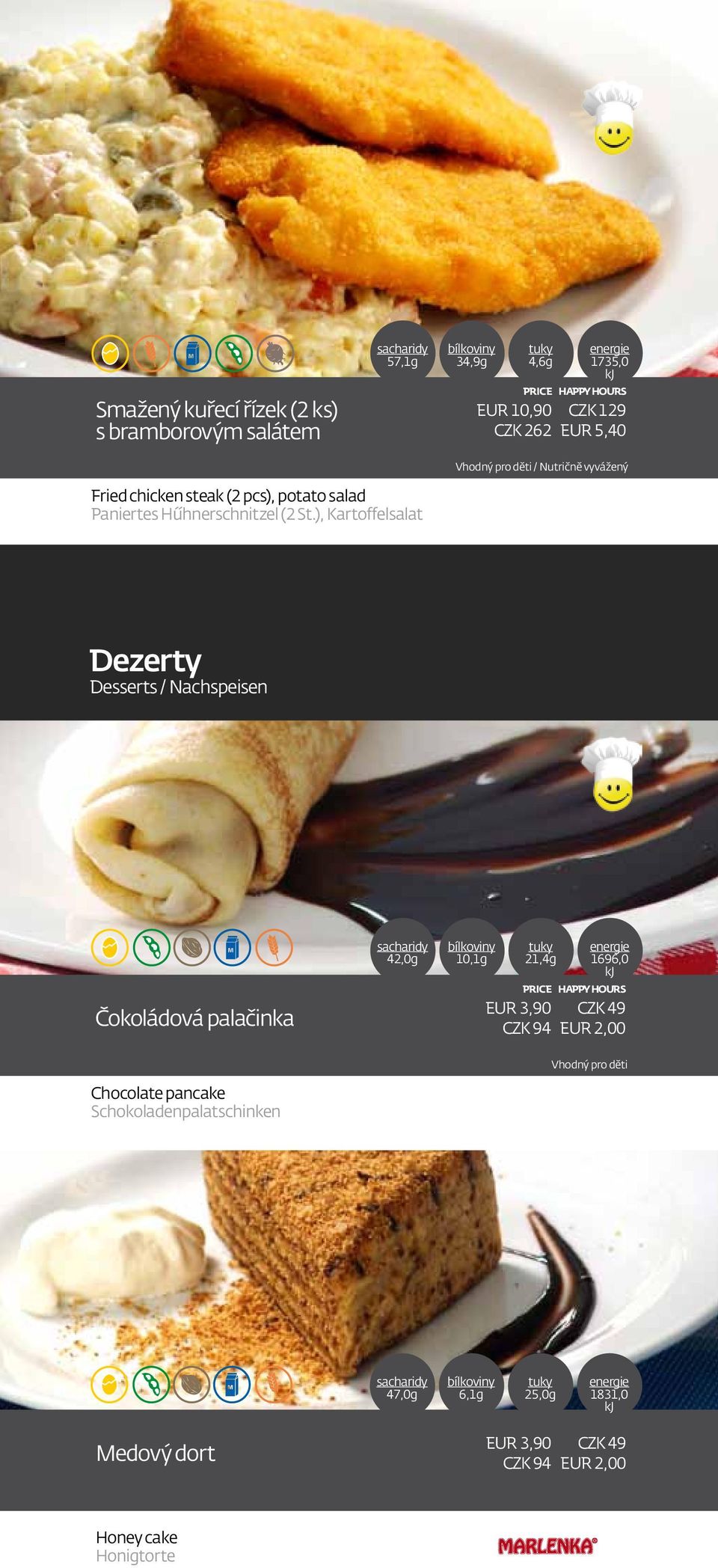 ), Kartoffelsalat Dezerty Desserts / Nachspeisen Čokoládová palačinka 42,0g 10,1g 21,4g EUR 3,90 CZK 94 1696,0 CZK 49 EUR