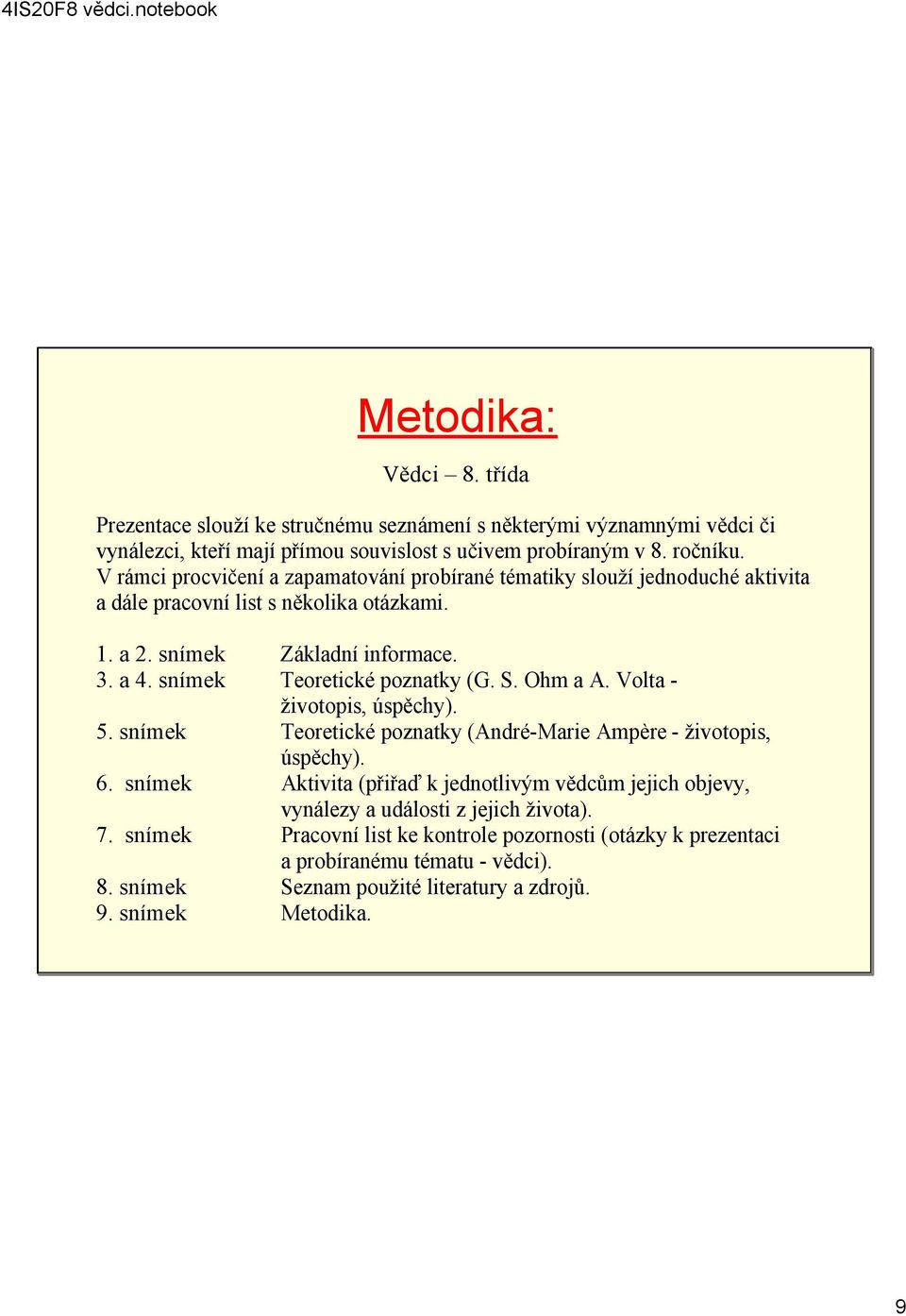 snímek Teoretické poznatky (G. S. Ohm a A. Volta životopis, úspěchy). 5. snímek Teoretické poznatky (André Marie Ampère životopis, úspěchy). 6.