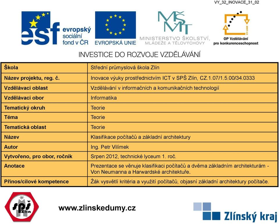 00/34.0333 Vzdělávání v informačních a komunikačních technologií Informatika Teorie Teorie Teorie Klasifikace počítačů a základní architektury Ing.