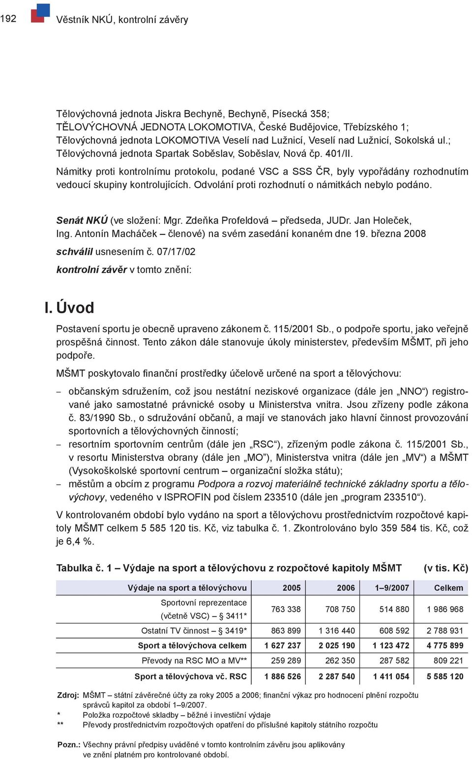 Námitky proti kontrolnímu protokolu, podané VSC a SSS ČR, byly vypořádány rozhodnutím vedoucí skupiny kontrolujících. Odvolání proti rozhodnutí o námitkách nebylo podáno. Senát NKÚ (ve složení: Mgr.