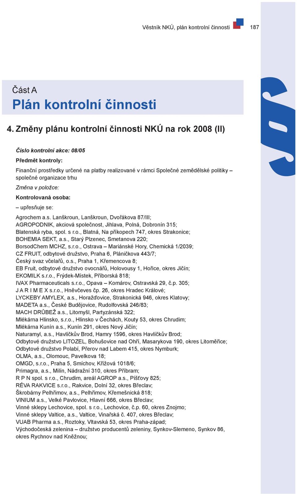 organizace trhu Změna v položce: Kontrolovaná osoba: upřesňuje se: Agrochem a.s. Lanškroun, Lanškroun, Dvořákova 87/III; AGROPODNIK, akciová společnost, Jihlava, Polná, Dobronín 315; Blatenská ryba, spol.