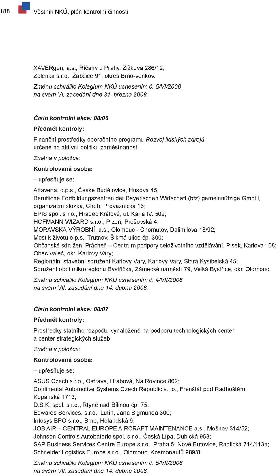 Číslo kontrolní akce: 08/06 Předmět kontroly: Finanční prostředky operačního programu Rozvoj lidských zdrojů určené na aktivní politiku zaměstnanosti Změna v položce: Kontrolovaná osoba: upřesňuje