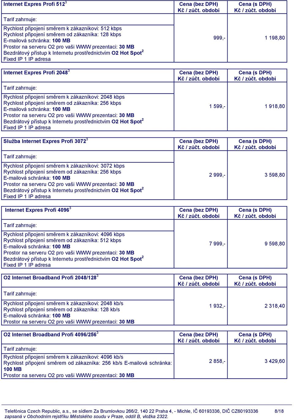 Internet Expres Profi 4096 3 Rychlost připojení směrem k zákazníkovi: 4096 kbps Rychlost připojení směrem od zákazníka: 512 kbps O2 Internet Broadband Profi 2048/128 3 Rychlost připojení směrem k