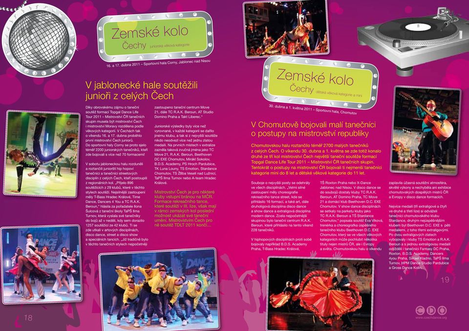Topgal Dance Life Tour 2011 Mistrovství ČR tanečních skupin musela být mistrovství Čech i mistrovství Moravy rozdělena podle věkových kategorií. V Čechách tak o víkendu 16. a 17.