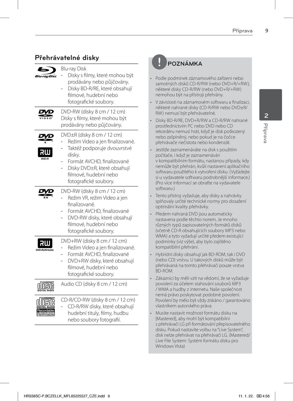 -- Formát AVCHD, finalizované -- Disky DVD±R, které obsahují filmové, hudební nebo fotografické soubory. DVD-RW (disky 8 cm / 12 cm) -- Režim VR, režim Video a jen finalizované.