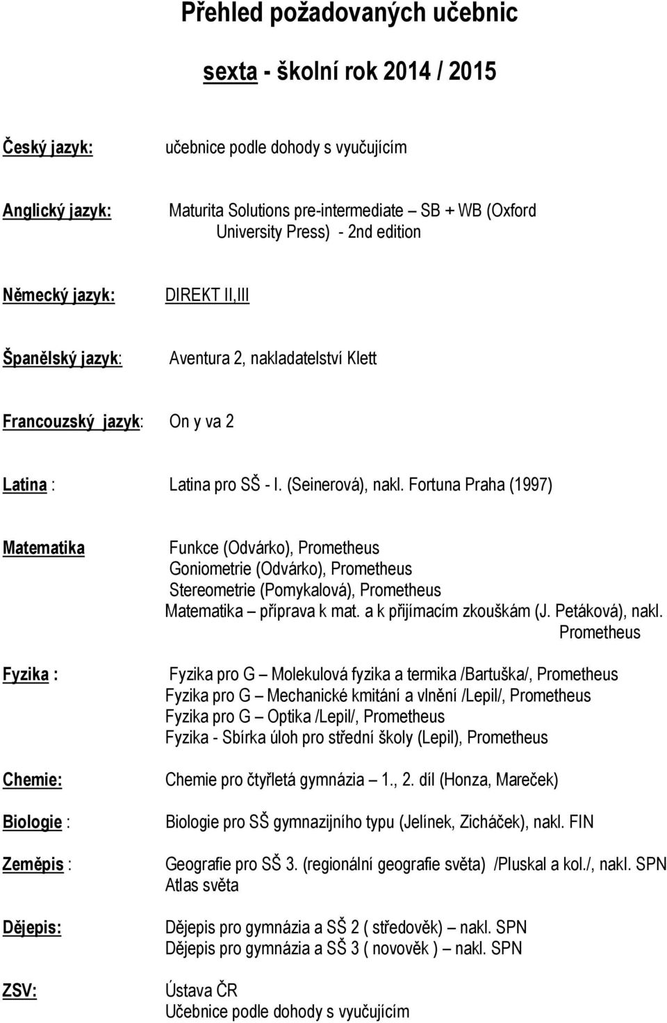 Fortuna Praha (1997) Matematika Fyzika : Chemie: Biologie : Zeměpis : Dějepis: Funkce (Odvárko), Prometheus Goniometrie (Odvárko), Prometheus Stereometrie (Pomykalová), Prometheus nakl.