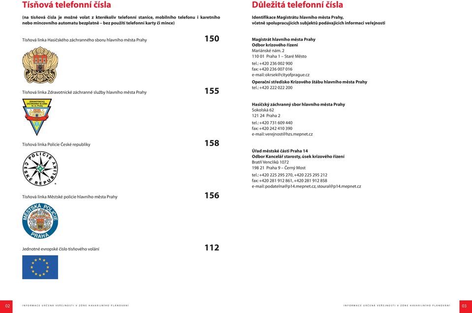 Městské policie hlavního města Prahy 156 Důležitá telefonní čísla Identifikace Magistrátu hlavního města Prahy, včetně spolupracujících subjektů podávajících informaci veřejnosti Magistrát hlavního