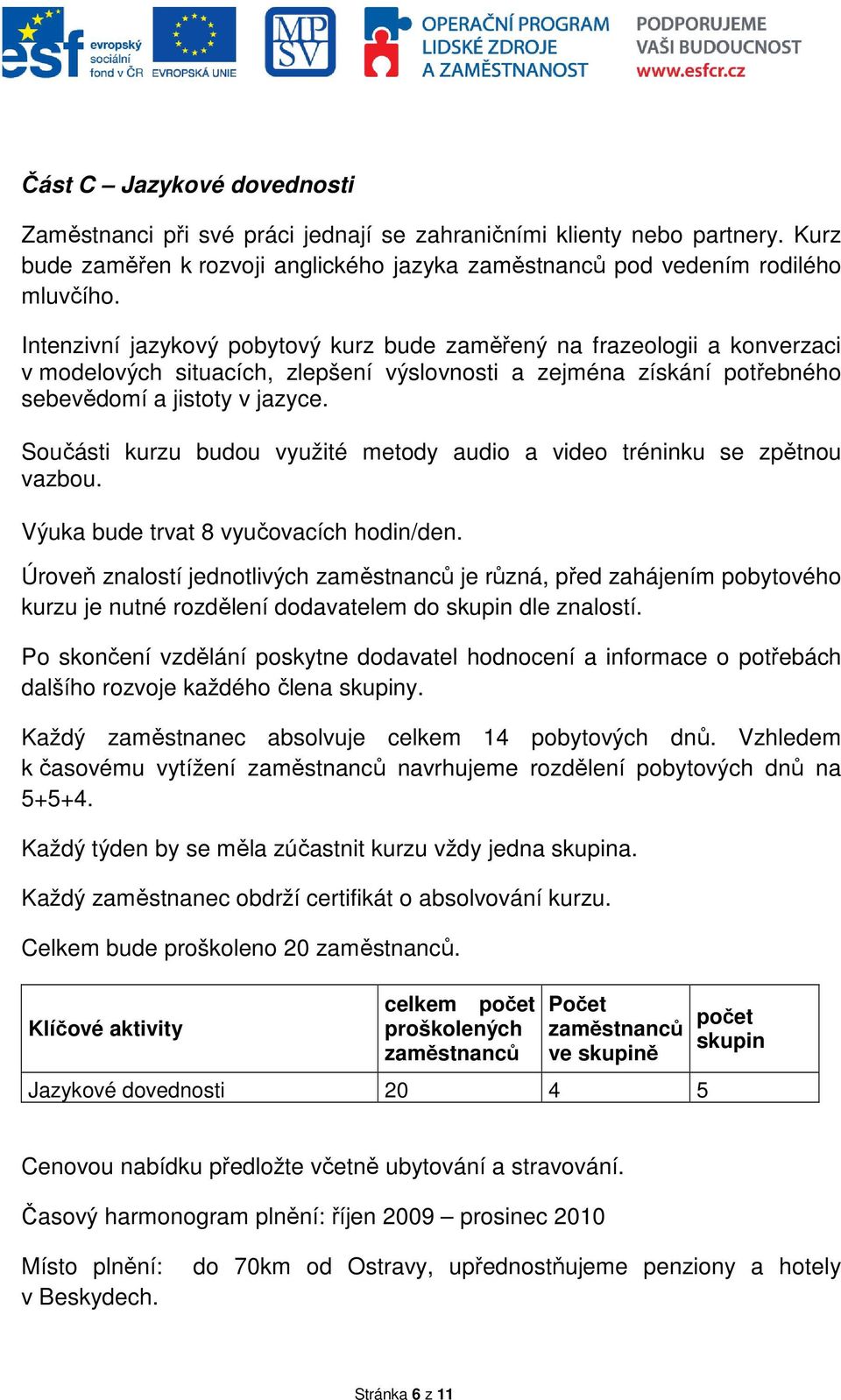Součásti kurzu budou využité metody audio a video tréninku se zpětnou vazbou. Výuka bude trvat 8 vyučovacích hodin/den.