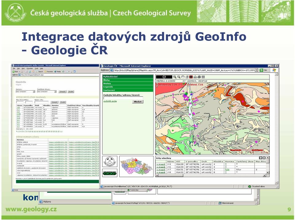 mapě ČR 1 : 50 000 GEOČR50 (ČGS) Databázi vrtů ČR (ČGS Geofond) vyhledávání a třídění záznamů pomocí integrovaných geologických kódovníků obou organizací (např.