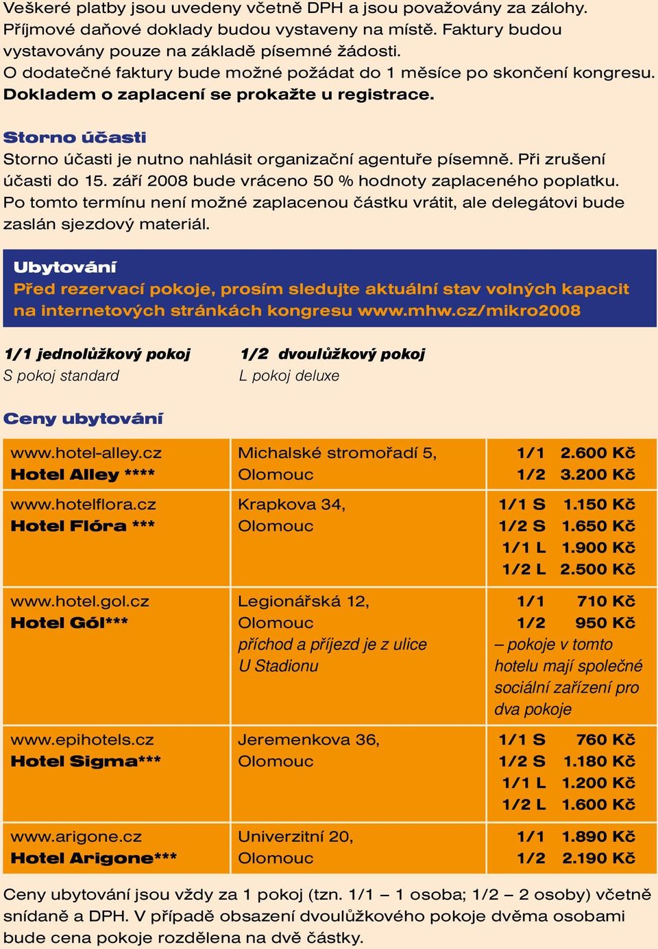 Při zrušení účasti do 15. září 2008 bude vráceno 50 % hodnoty zaplaceného poplatku. Po tomto termínu není možné zaplacenou částku vrátit, ale delegátovi bude zaslán sjezdový materiál.