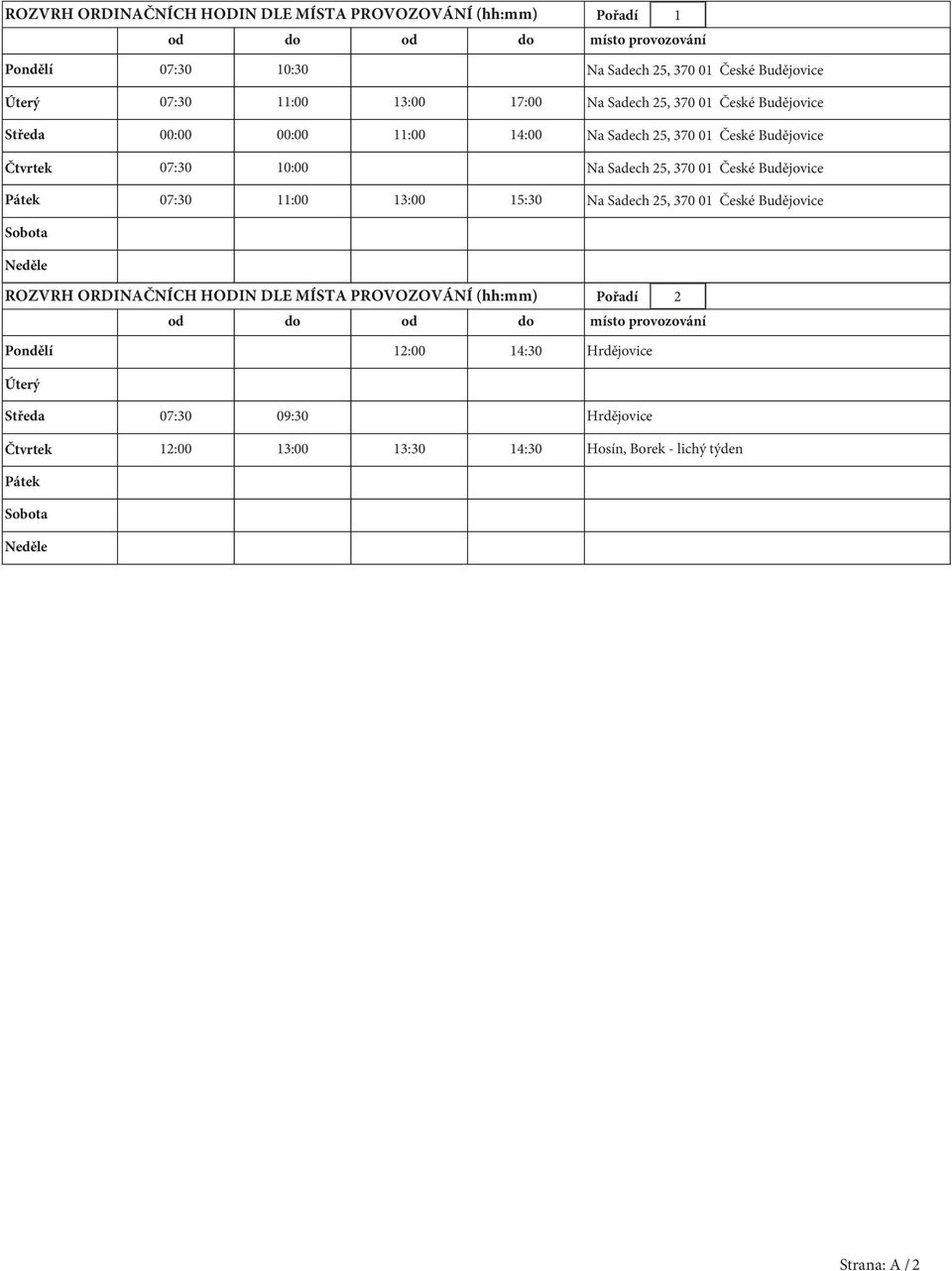 Budějovice Pátek 07:30 11:00 13:00 15:30 Na Sadech 25, 370 01 České Budějovice Sobota Neděle ROZVRH ORDINAČNÍCH HODIN DLE MÍSTA PROVOZOVÁNÍ (hh:mm) Pořadí 2 od do od do