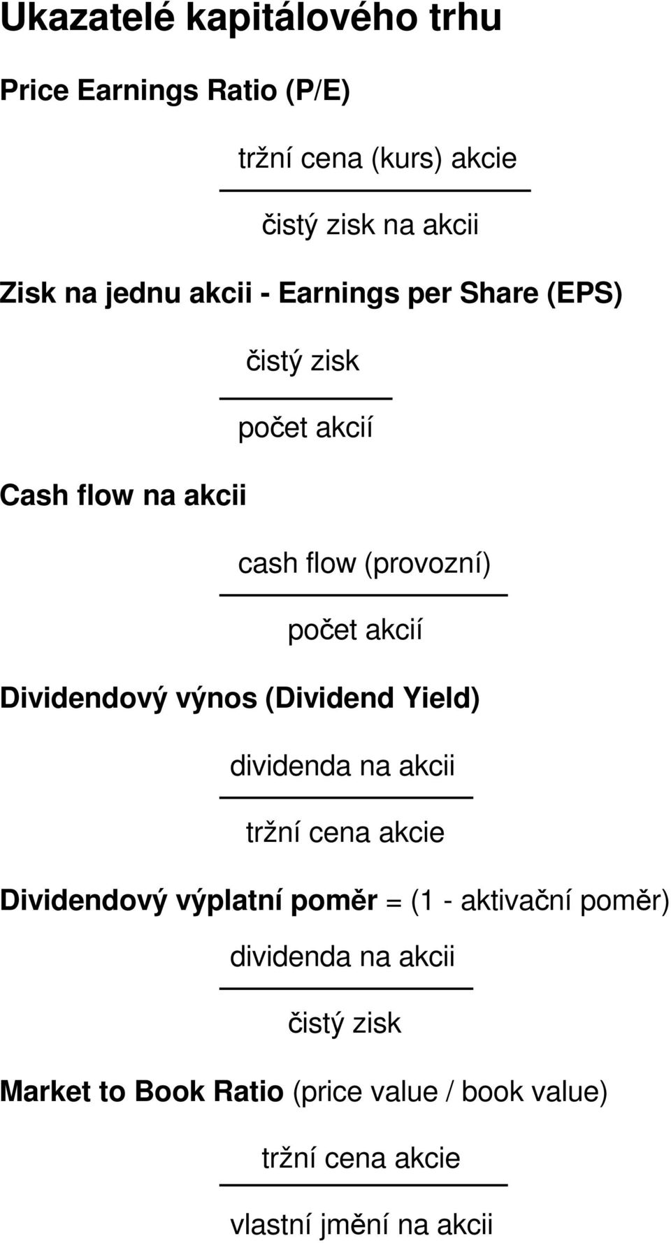 Dividendový výnos (Dividend Yield) dividenda na akcii tržní cena akcie Dividendový výplatní poměr =(1-aktivační