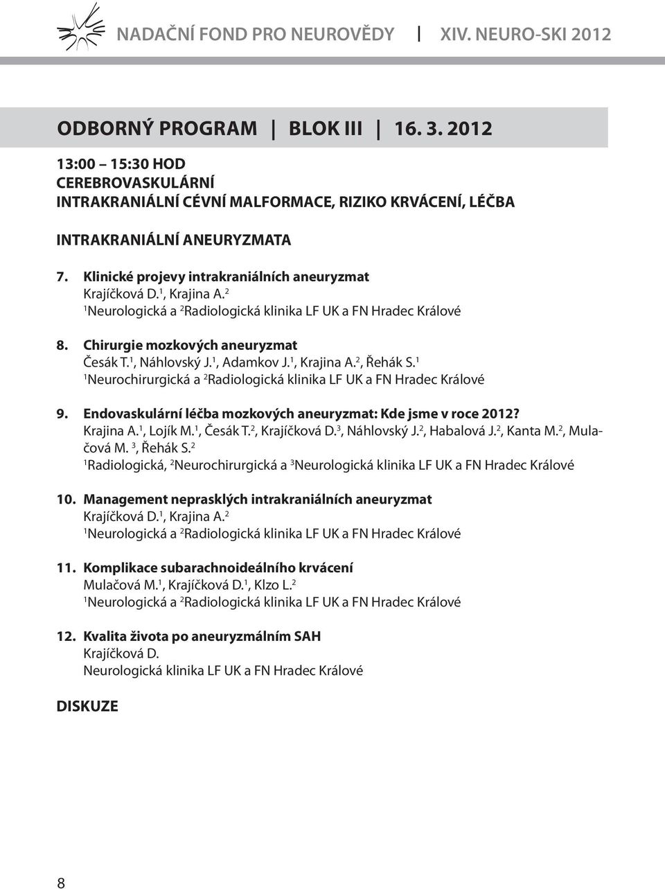 , Adamkov J., Krajina A. 2, Řehák S. Neurochirurgická a 2 Radiologická klinika LF UK a FN Hradec Králové 9. Endovaskulární léčba mozkových aneuryzmat: Kde jsme v roce 202? Krajina A., Lojík M.