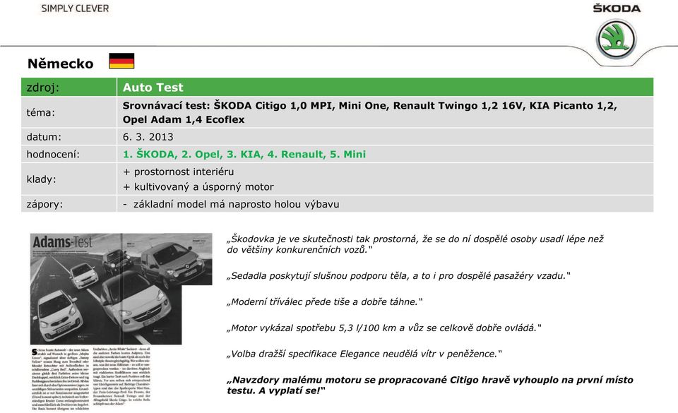 Picanto 1,2, Opel Adam 1,4 Ecoflex 1. ŠKODA, 2. Opel, 3. KIA, 4. Renault, 5.